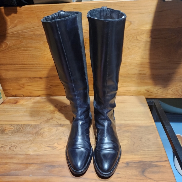 SERGIO ROSSI Black Leather And Elastic Detail Knee Length Boots Size 37½ - Picture 7 of 7